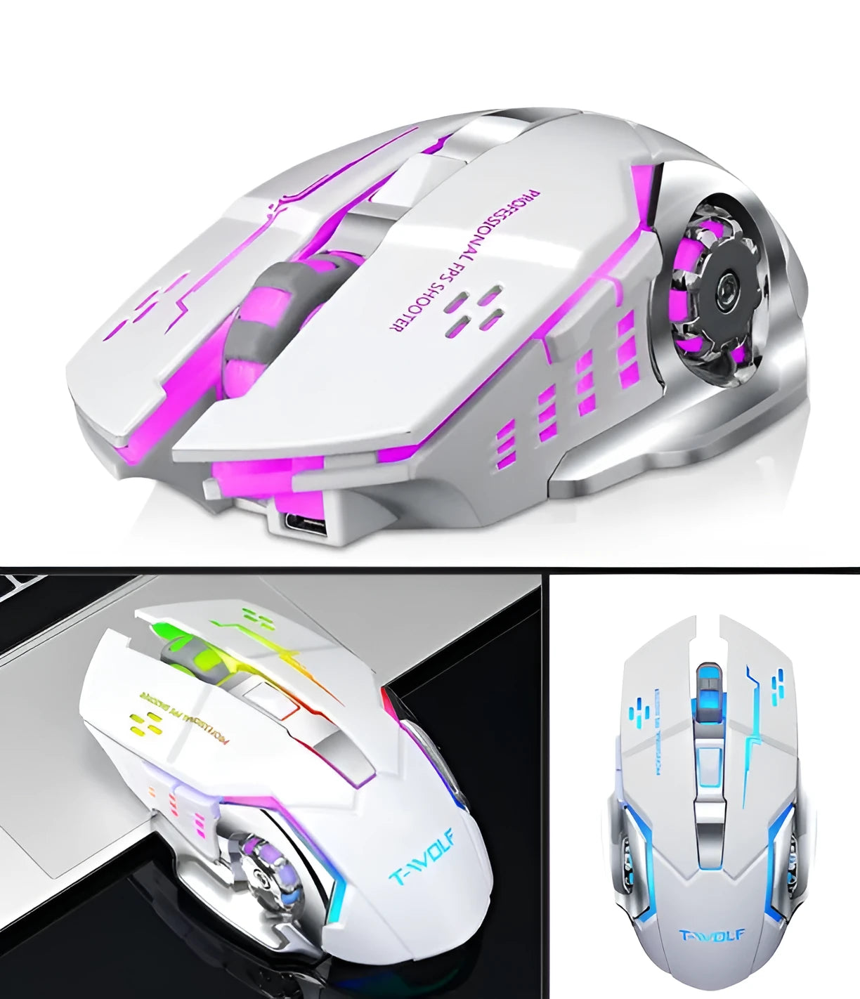 Wireless charging computer mouse in black or white with six buttons