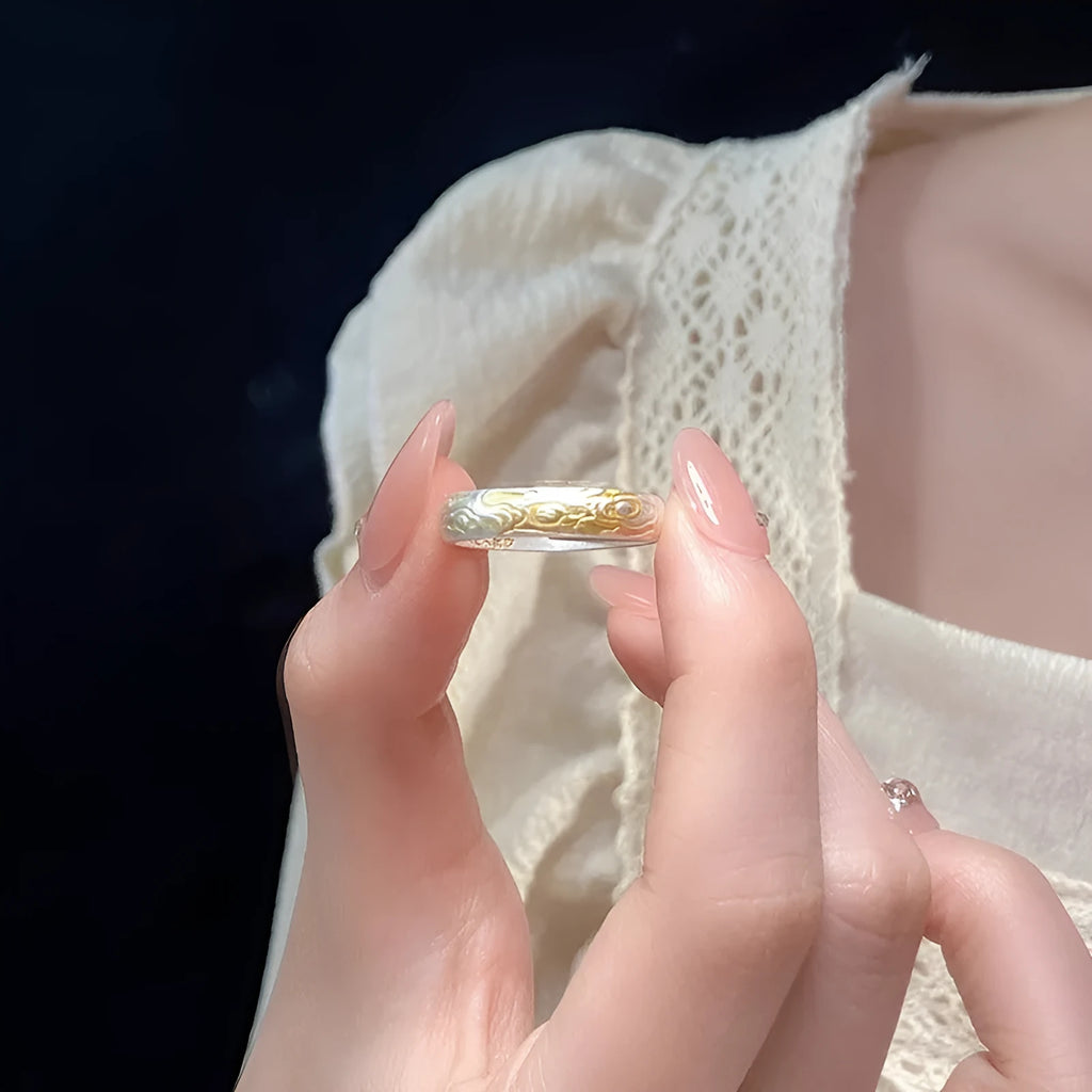 J14 Xiangyun open mouth ring in white copper with geometric pattern and electroplated gold silver finish