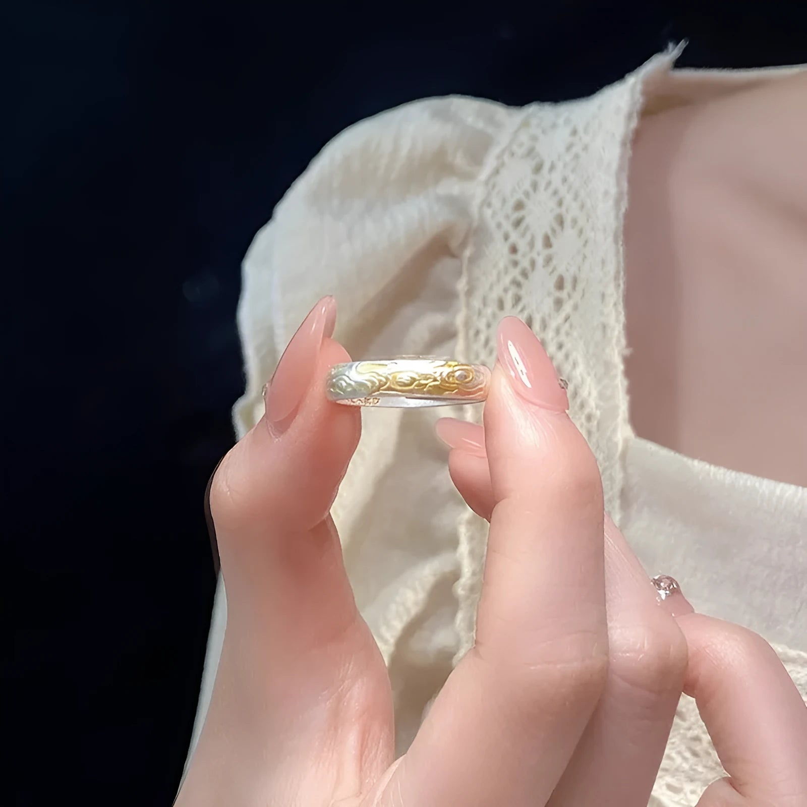 J14 Xiangyun open mouth ring in white copper with geometric pattern and electroplated gold silver finish
