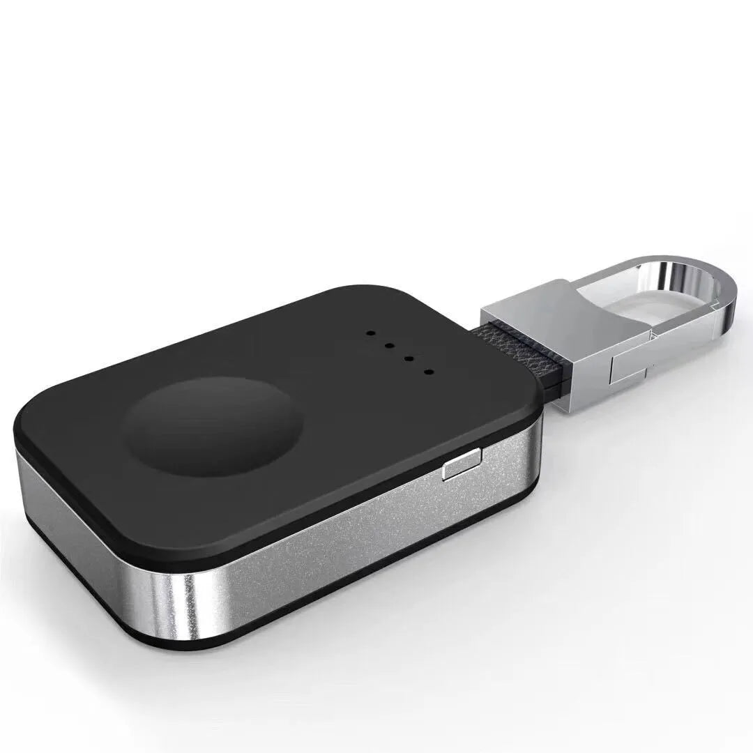 Black portable Apple Watch wireless charger power bank with keychain attachment