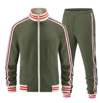 Man wearing a khaki coloured turtleneck zipper cardigan top and matching trousers street style suit set.