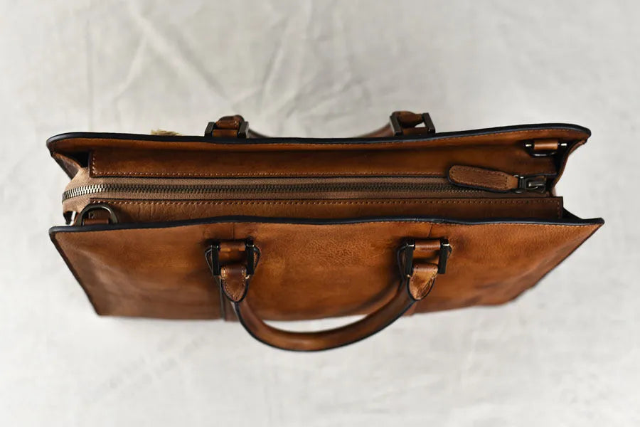 Men's 14 inch horizontal square leather business handbag in khaki or black colour