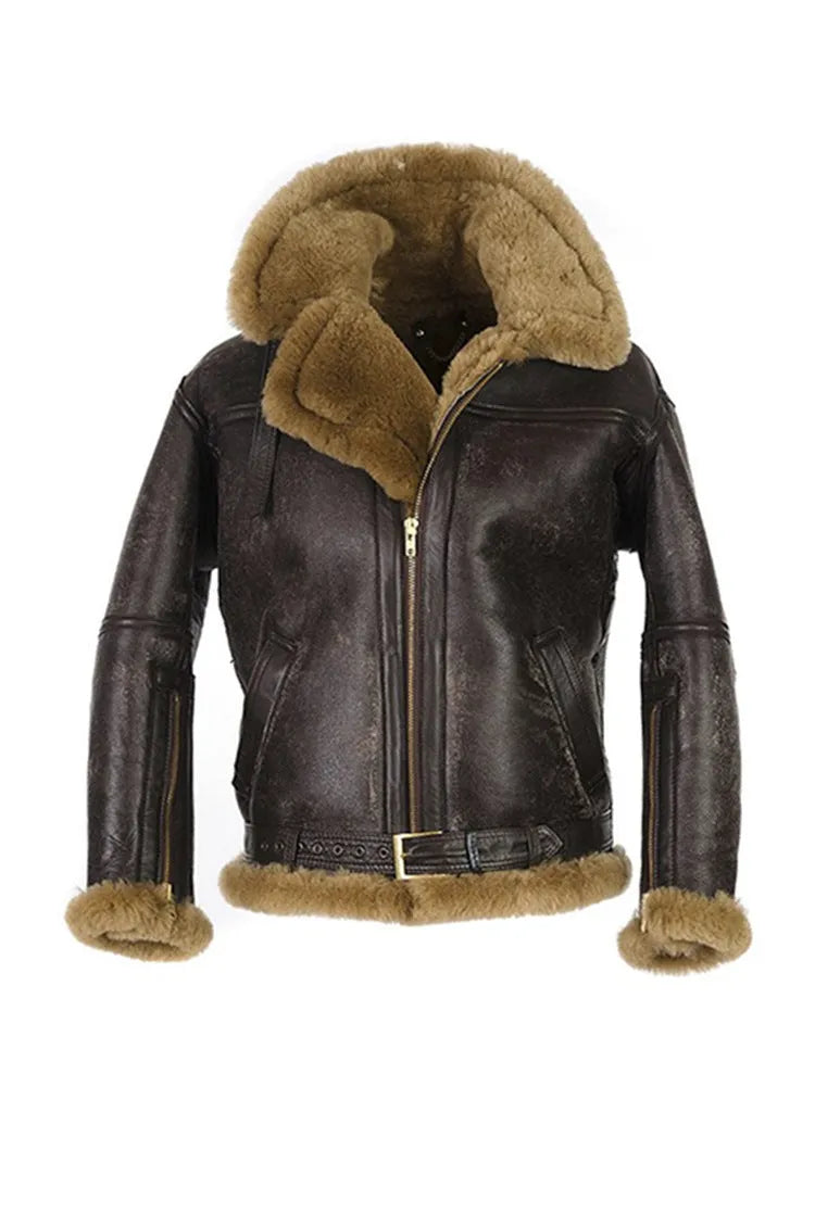 Men's brown retro synthetic leather winter fur coat with straight hem
