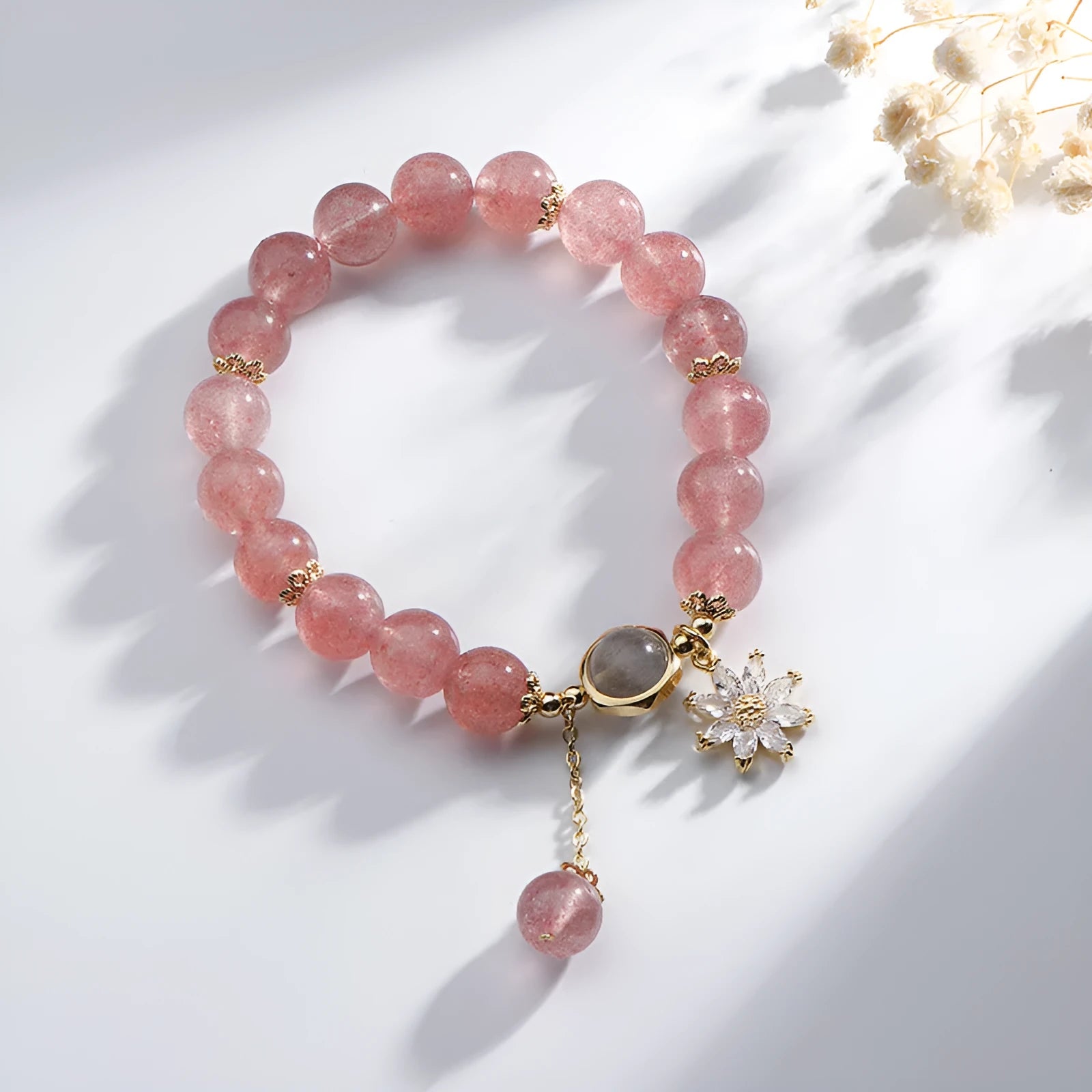 Strawberry quartz crystal bracelet with floral Mori style design and electroplated finish