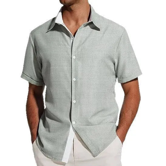 Men's grey short-sleeved shirt with floral print pattern, cardigan style.