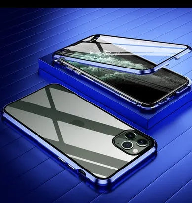A glass clamshell anti-spy privacy case for iPhone, shown in a solid colour with a geometric design.