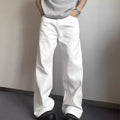 Men's white straight leg denim jeans with mid waist and zipper fly