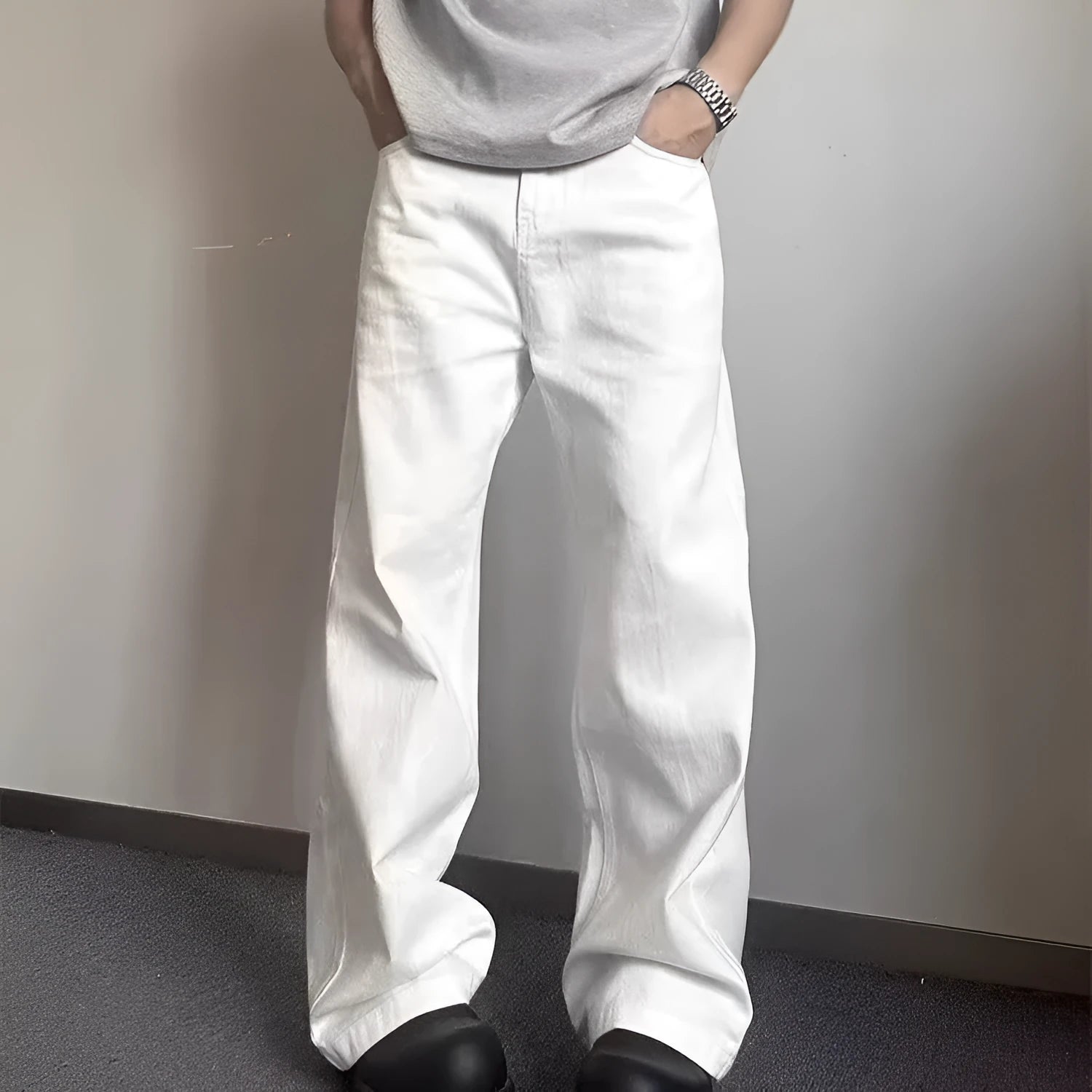 Men's white straight leg denim jeans with mid waist and zipper fly