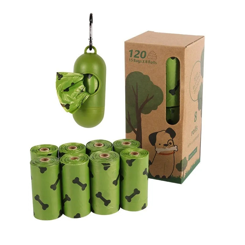 Roll of army green degradable dog waste bags with black bone print, showing bag size and dispenser.