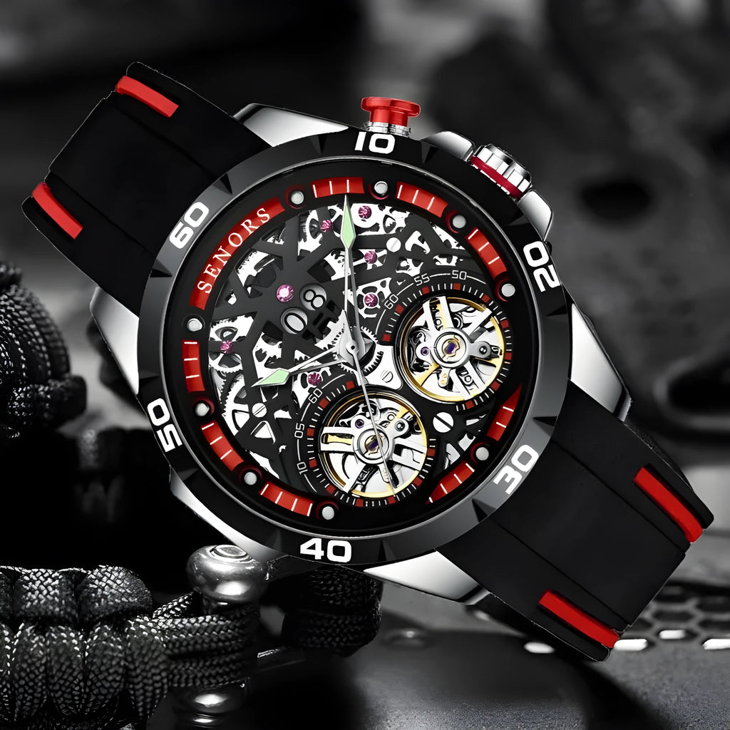 Automatic mechanical men's watch with luminous hollow design showing movement, 14mm thickness