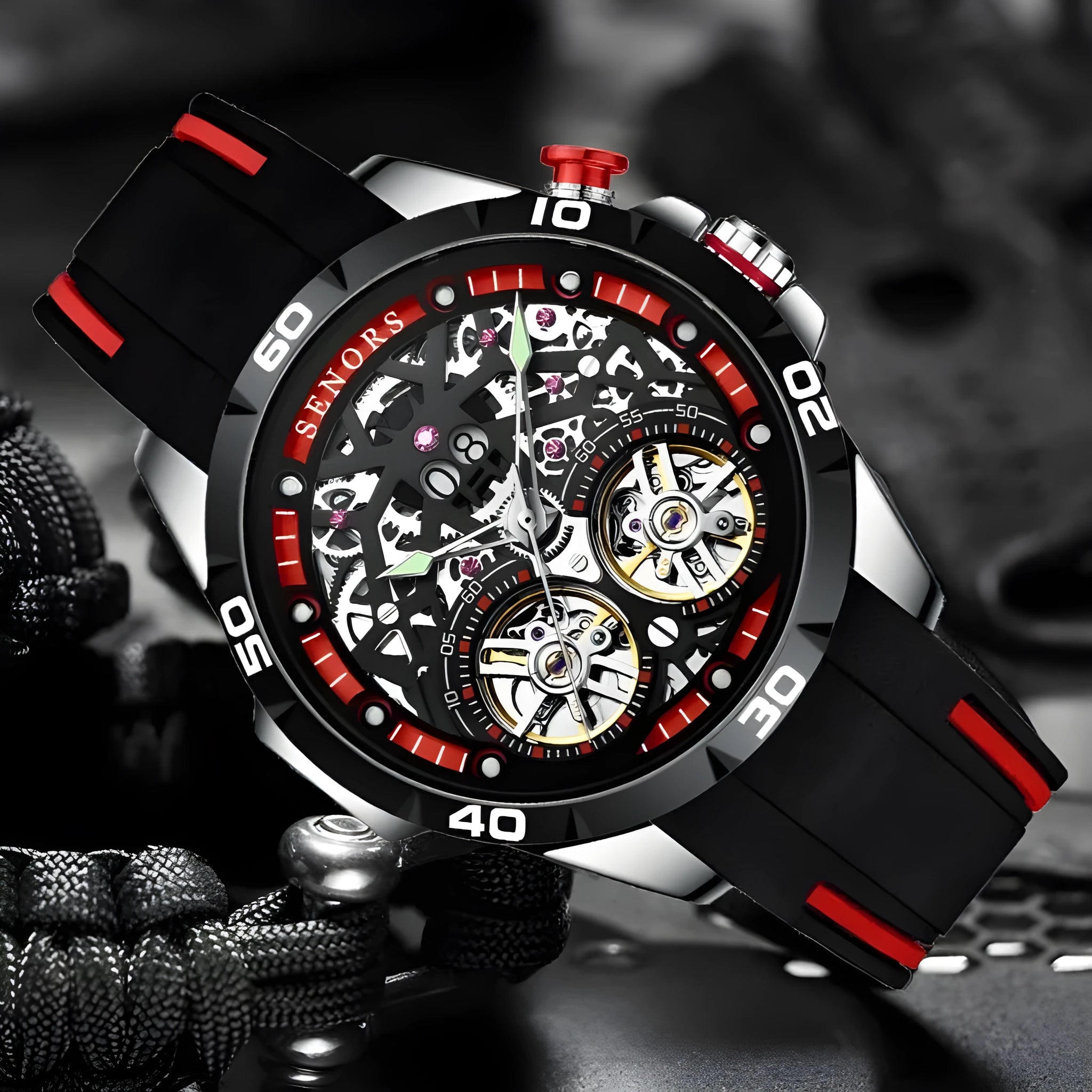 Automatic mechanical men's watch with luminous hollow design showing movement, 14mm thickness