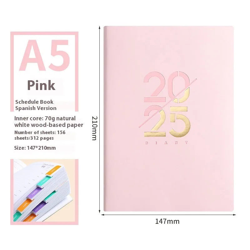 Soft faux leather A5 daily planner book open on a desk, showing Dorian paper pages and available colour variants.