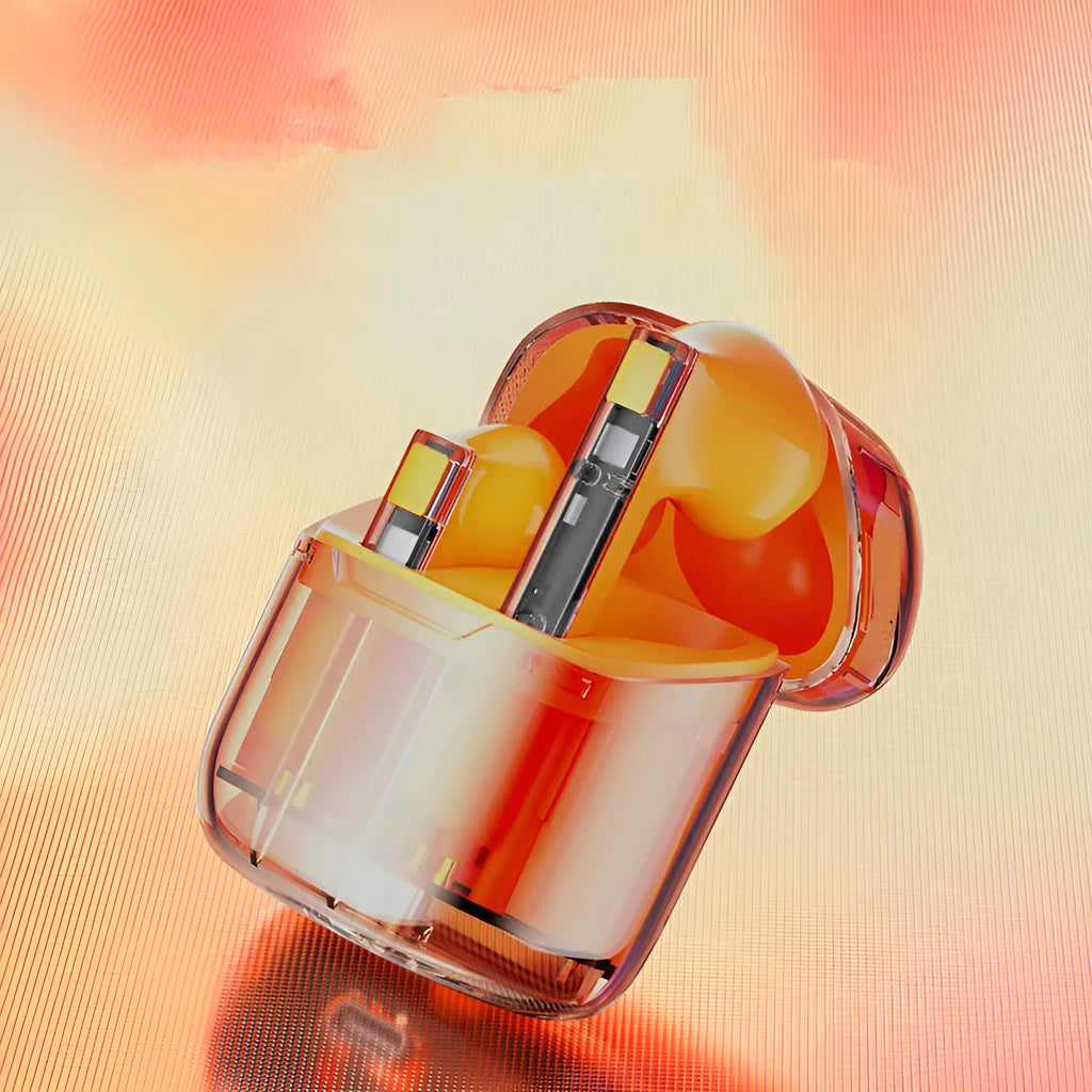 YX06 transparent TWS wireless headphones showing internal components with colour options