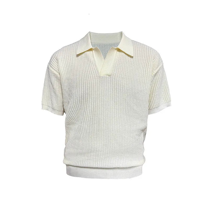 Men's business style polo shirt with striped collar in ice silk fabric, available in creamy-white, black and grey colours