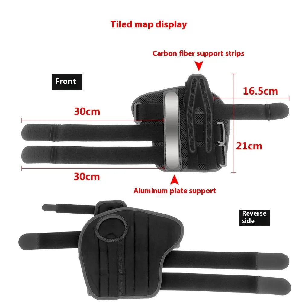 Carbon fibre style black sports wrist guard with grey edging and a thumb strap.