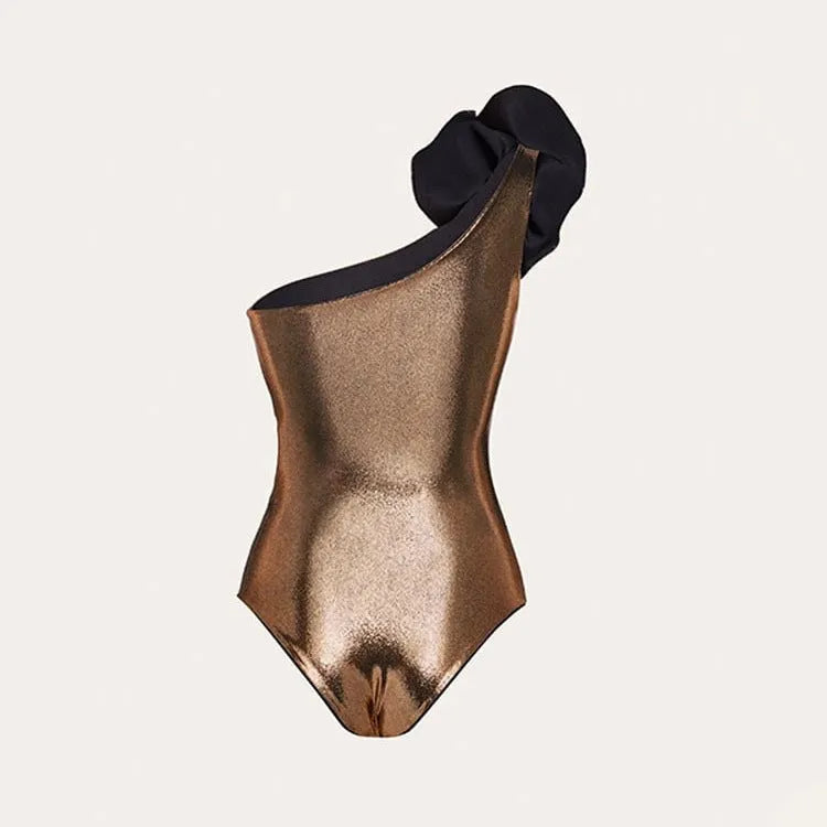 Gold handmade one-piece swimsuit with hollow out design and halter neck