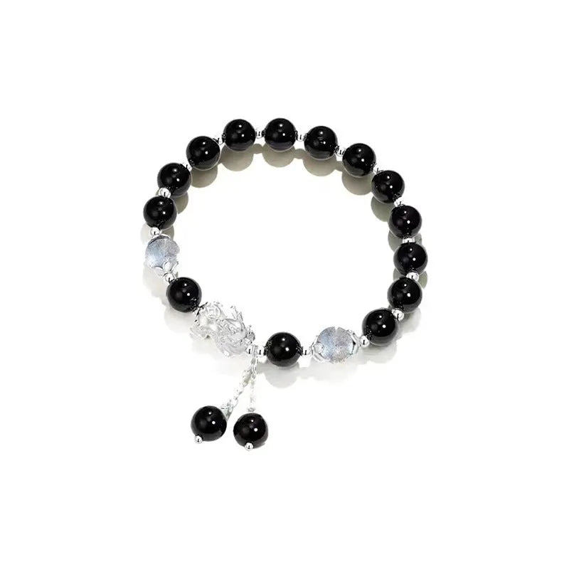 Natural black agate couple bracelet with 10mm wave beads and money painting design in grey colours