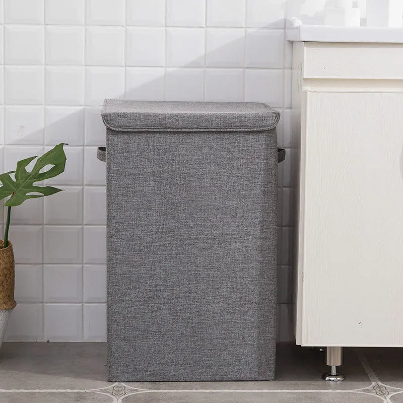 Foldable cotton linen storage basket in modern simple style shown in grey colour