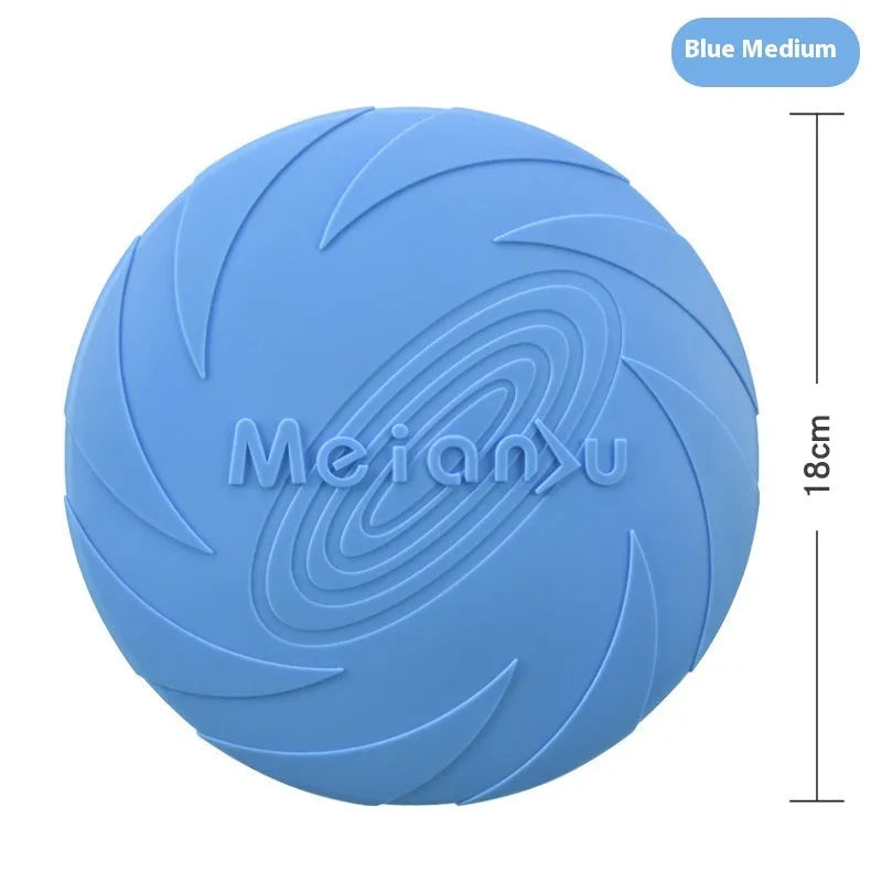 Soft rubber dog frisbee flying disc toy shown in blue, available in small, medium, and large sizes.