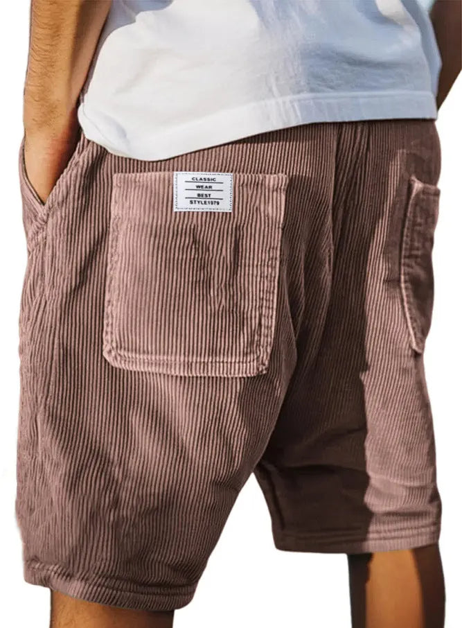 Men's straight-leg corduroy shorts with multi-pockets and embroidery detail in various colours