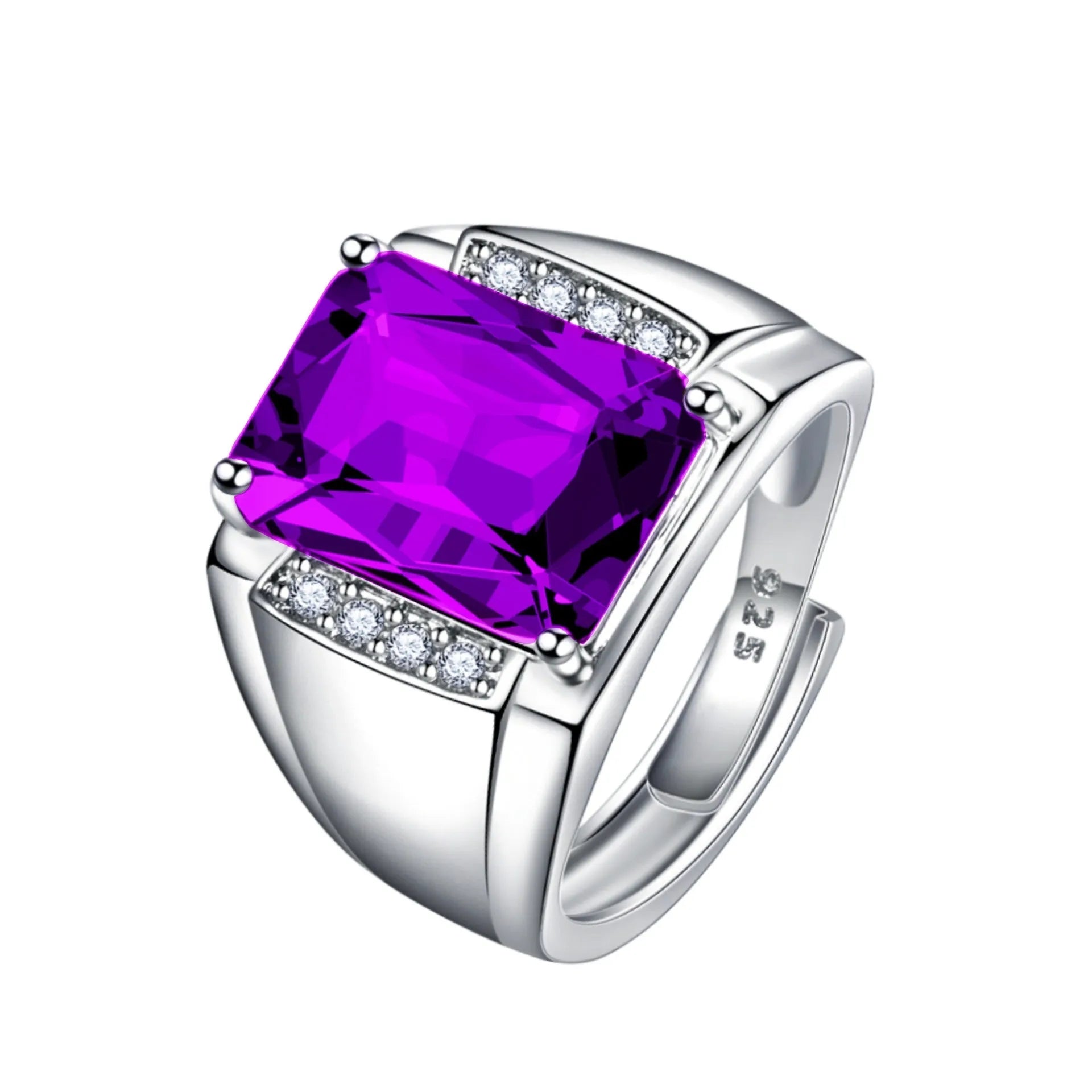 Adjustable copper ring with geometric design and coloured gemstones in natural amethyst colours