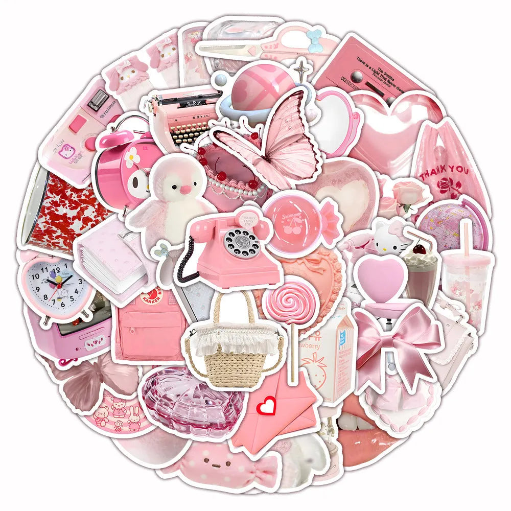 Pink girl heart realistic 3D decorative stickers in a cute style, 63 pieces per pack.