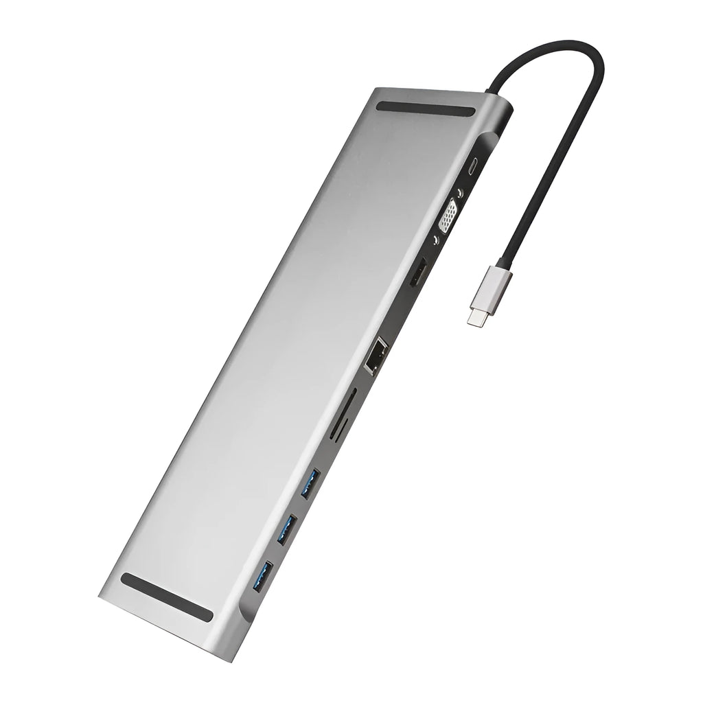 Grey aluminium USB-C docking station with cooling bracket showing ten ports including HDMI and Ethernet