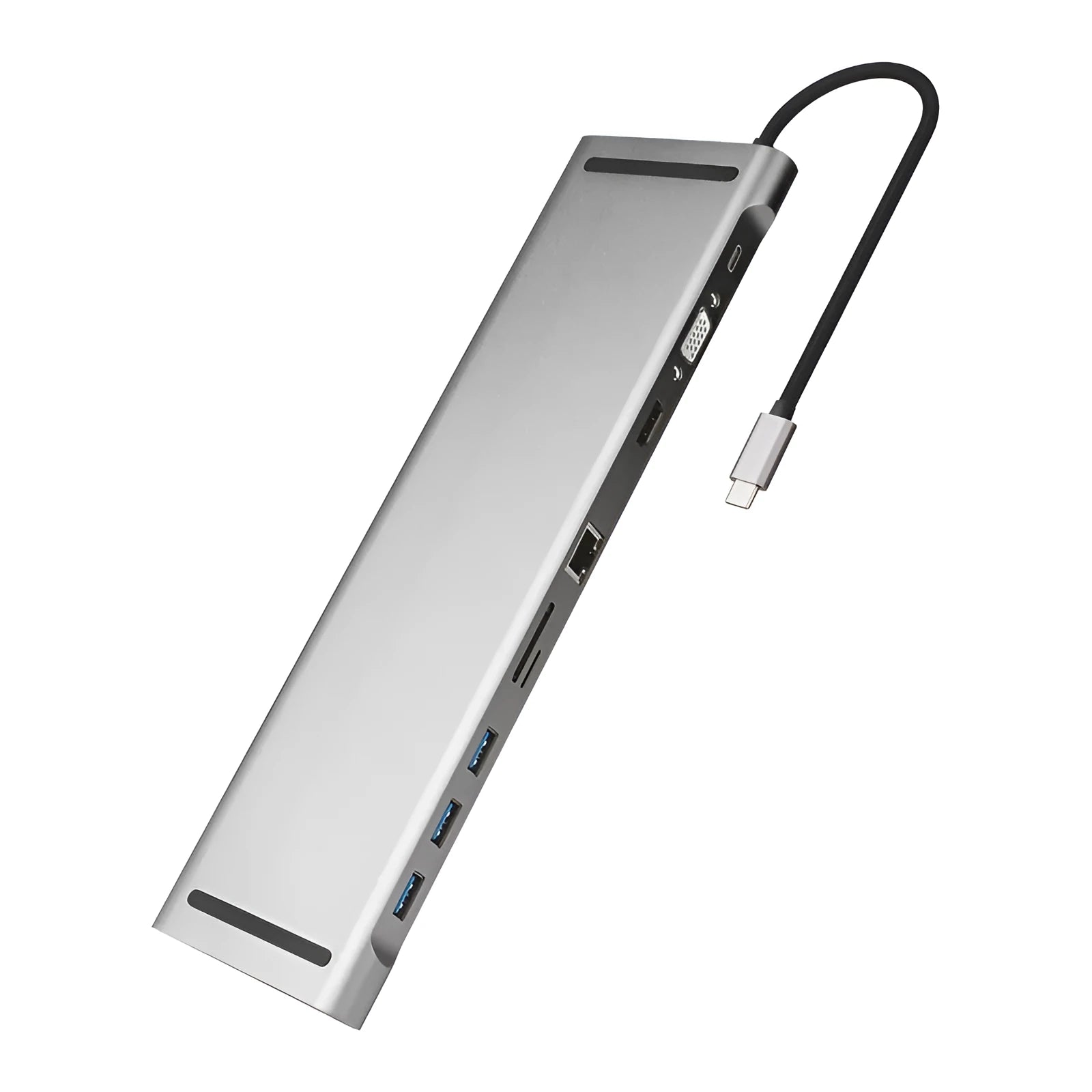Grey aluminium USB-C docking station with cooling bracket showing ten ports including HDMI and Ethernet