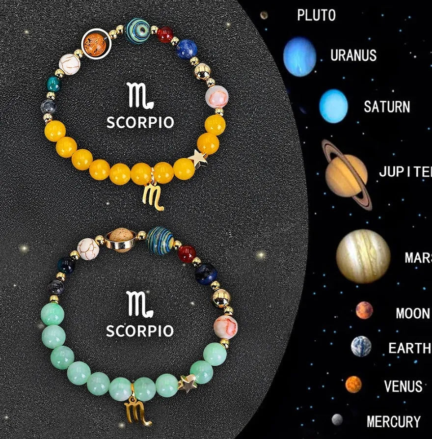 Two natural stone beaded bracelets with zodiac charm pendants on adjustable leather straps
