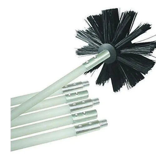 Flexible chimney and dryer vent cleaning brush with nylon bristles, shown bent.