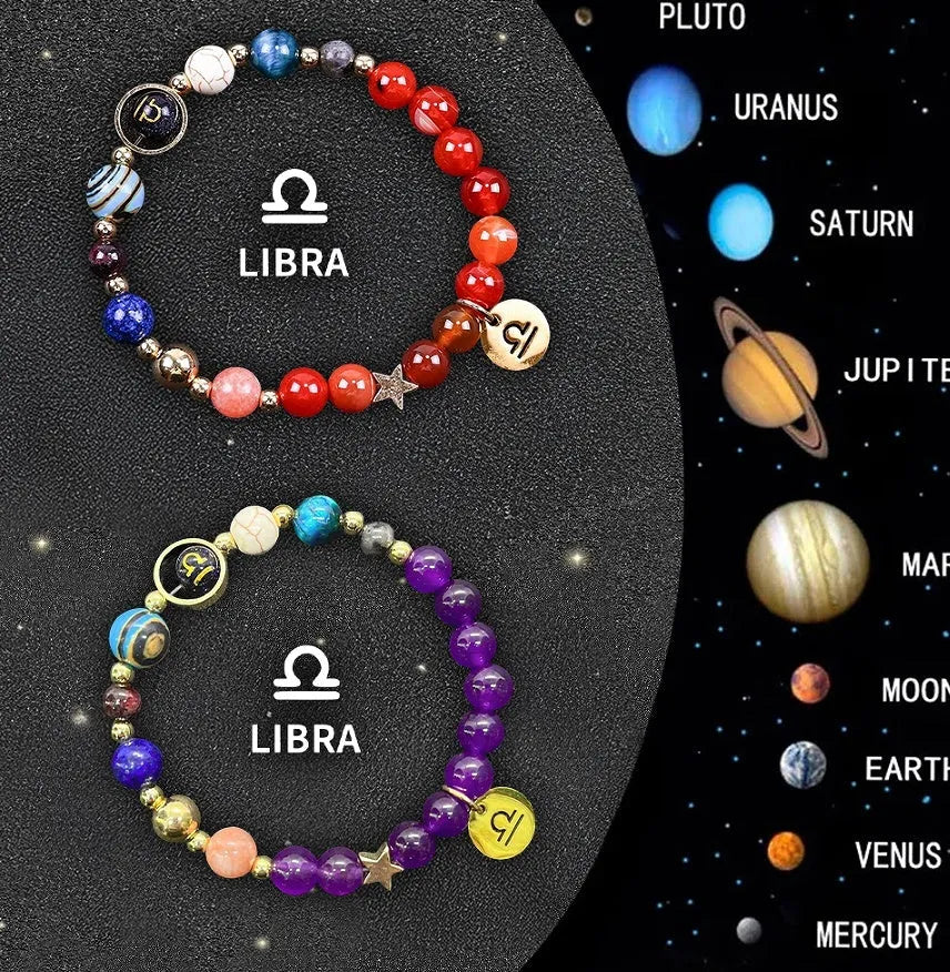 Natural stone beaded bracelets showing zodiac sign designs for all twelve star symbols
