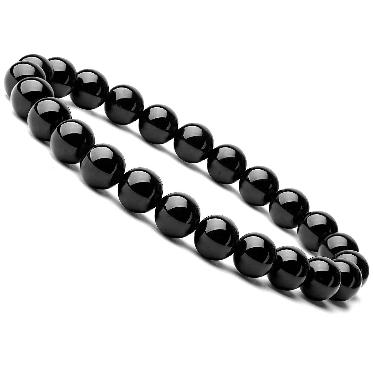 Close-up of a women's black onyx agate bracelet with 8mm geometric beads on a black elastic cord.