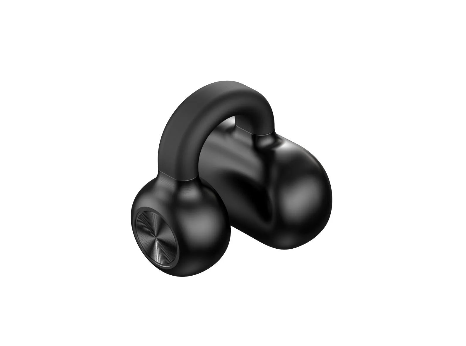 Black wireless Bluetooth clip-on earphones with bone conduction technology displayed beside charging cable