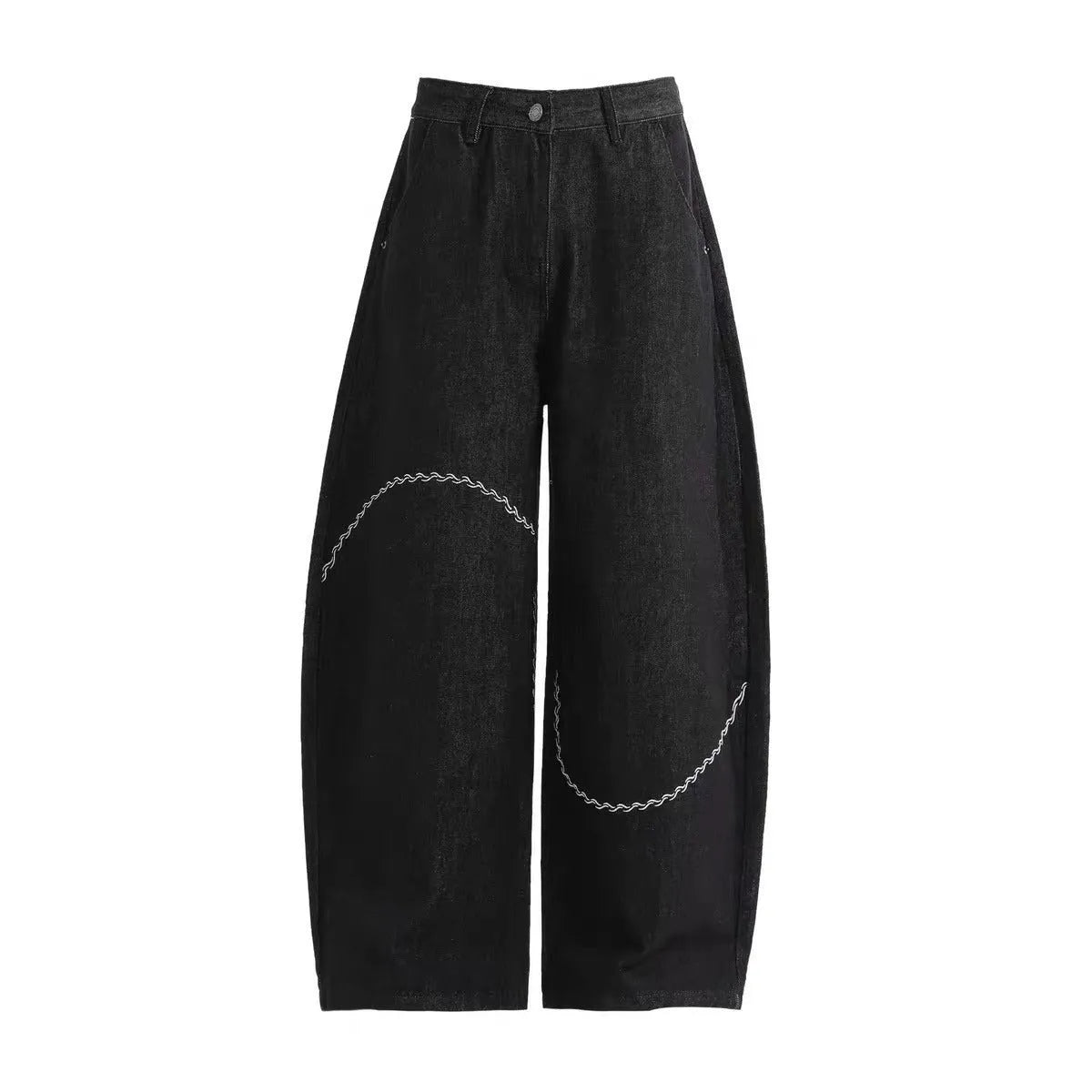 Men's black straight-leg jeans with a mid waist and zip fly, shown laid flat.