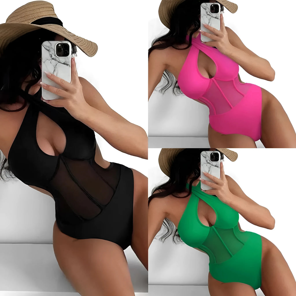 Lady's one-piece spun yarn swimsuit bikini on a hanger, shown in black, rose red, and green colour options.