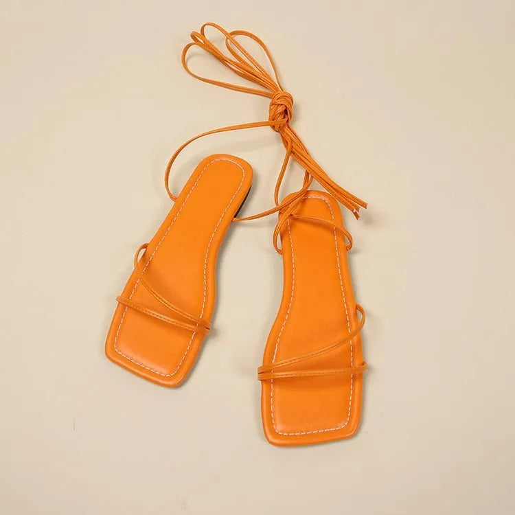 Women's ankle ring bandage cloth flat sandals with square toe in white, black, or orange red.