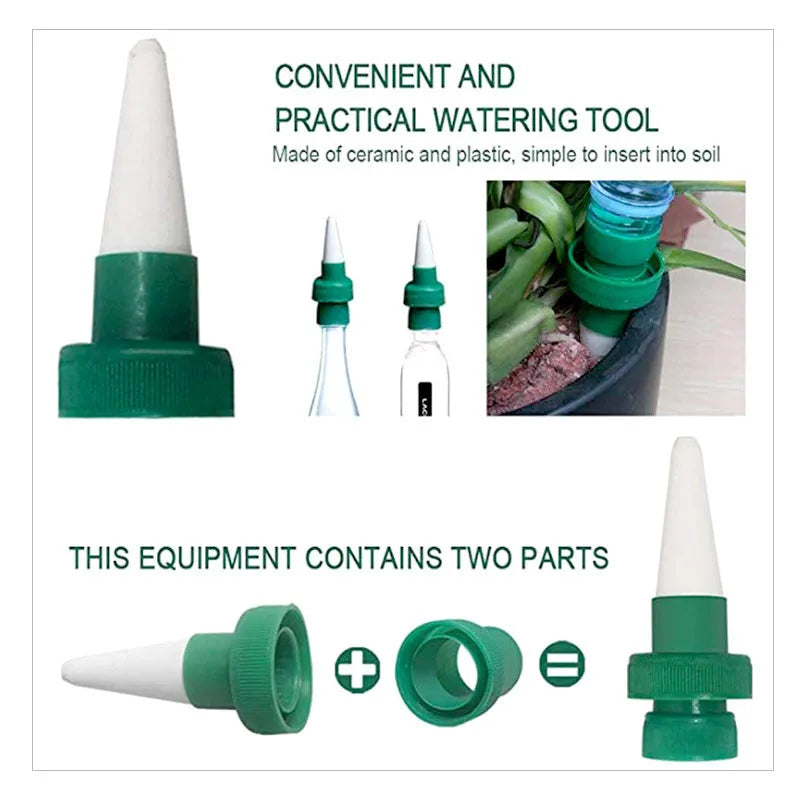 Green ceramic water dripper device for use with a cola bottle for automatic plant watering.