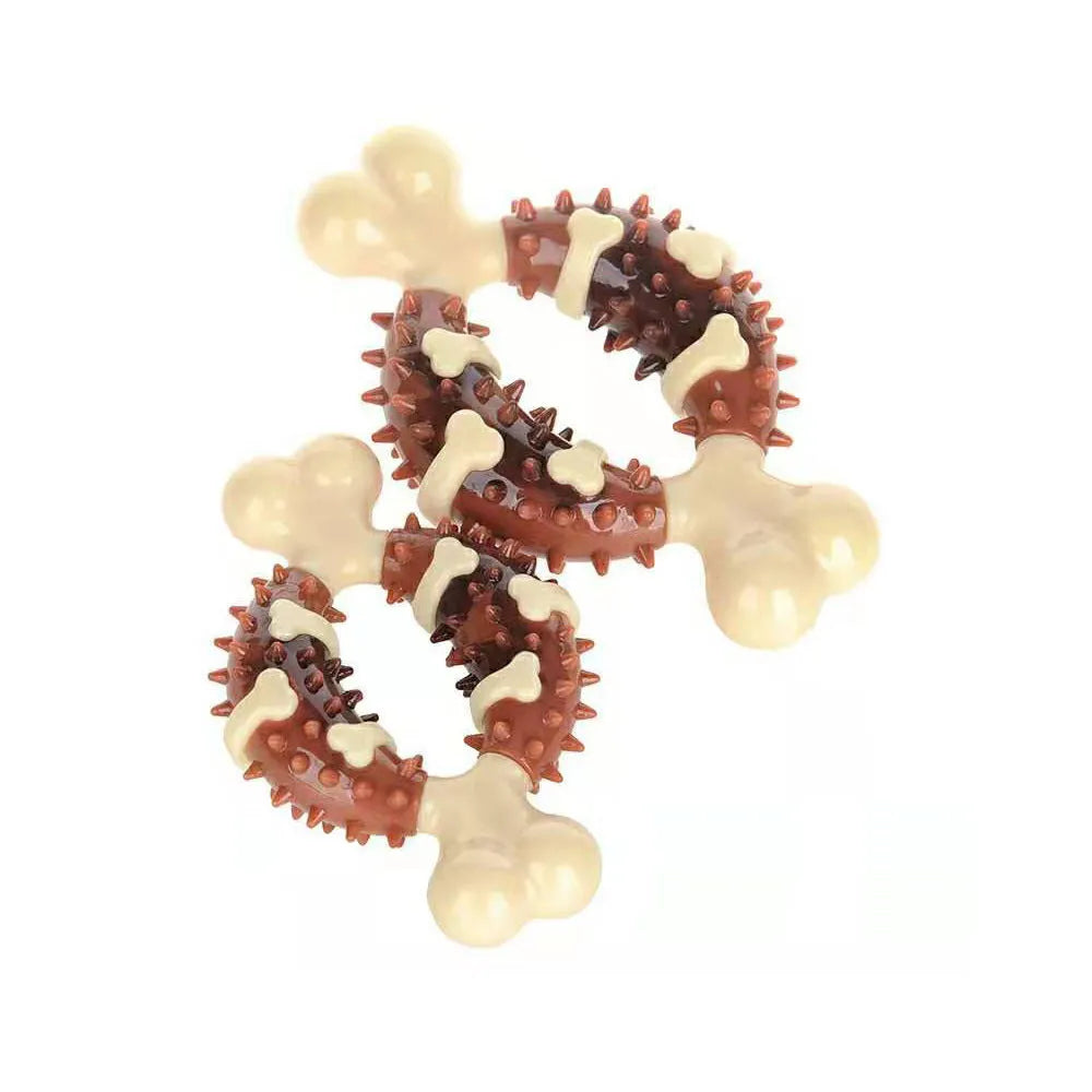Bone-shaped natural rubber dog chew toy for teeth grinding, shown in two sizes.