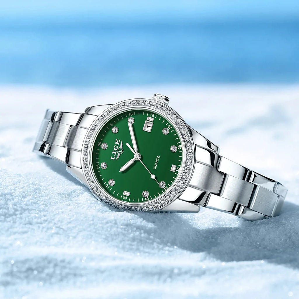 Women's fashion quartz watch with stainless steel case, diamond bezel, and luminous hands in silver colour options
