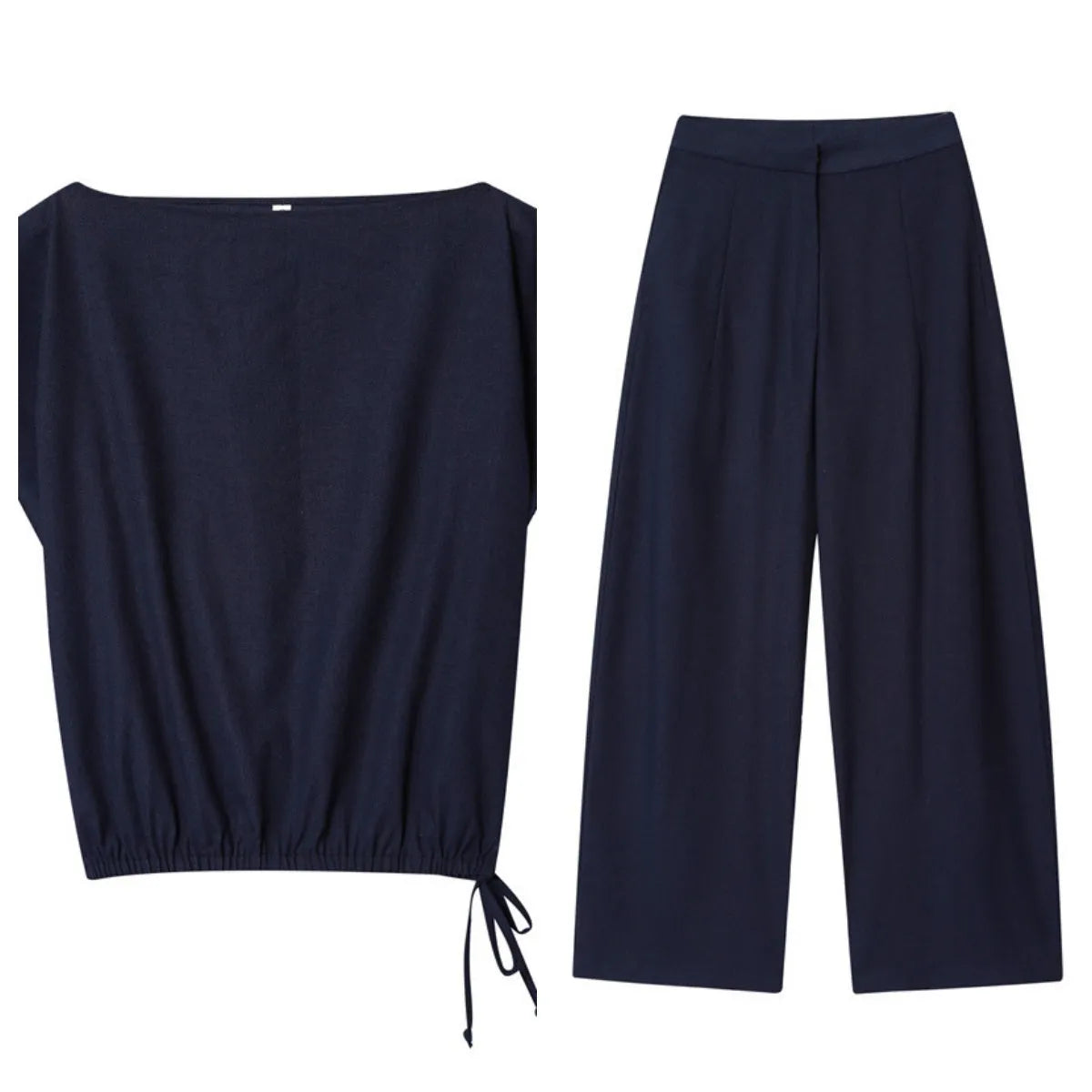 Women's linen blend co-ord set showing off-neck top with flounced sleeves and wide leg trousers.