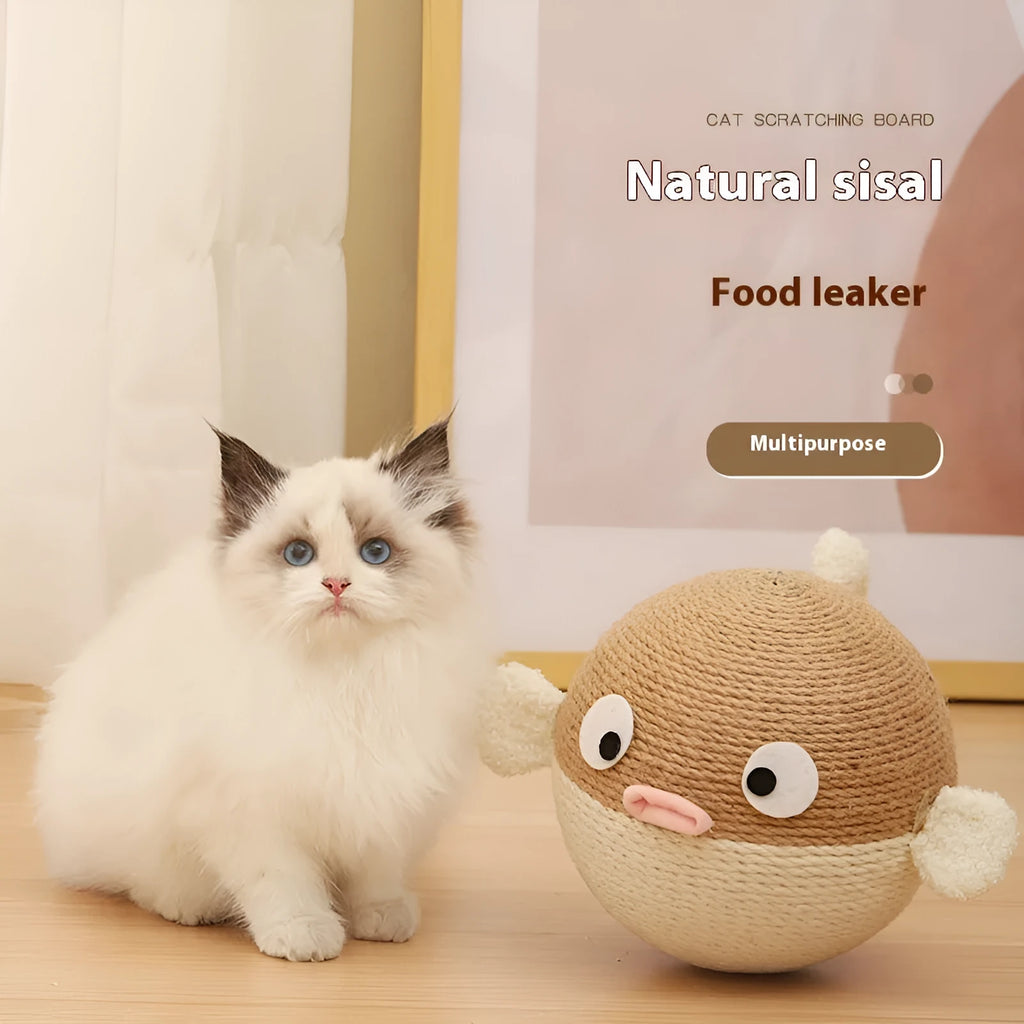 Puffer leakage food feeder, a 15cm sisal hemp cube puzzle toy for dogs and cats.