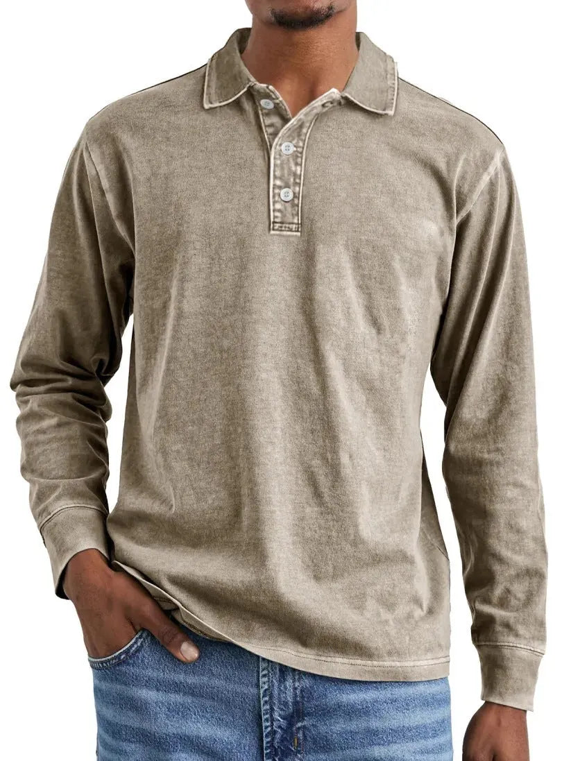 Retro washed distressed pure cotton lapel long sleeve polo shirt shown in Army Green.