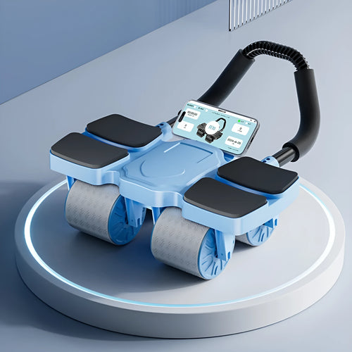Black abdominal wheel with four wheels and automatic rebound mechanism on a floor.