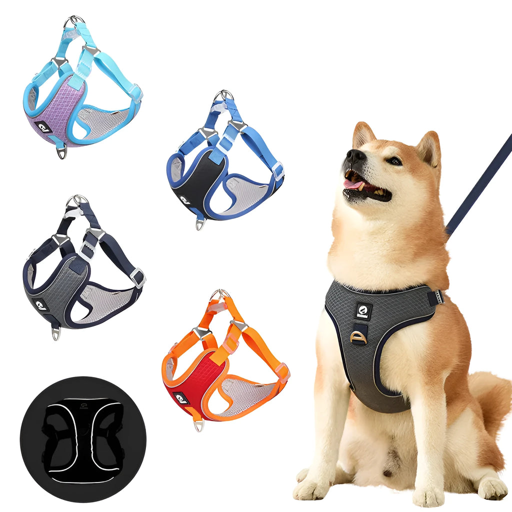 Adjustable polyester dog harness with reflective piping in black colour for small to medium dogs