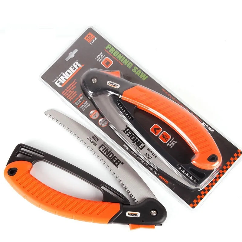 Garden folding saw with extended 230mm blade and TPR grip handle shown alongside folded configuration