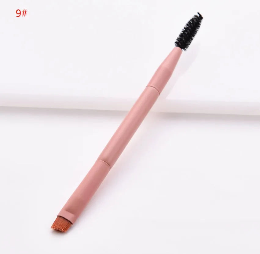 Ten-piece wooden handle makeup brush set with nylon bristles including powder, foundation, and double-ended brushes