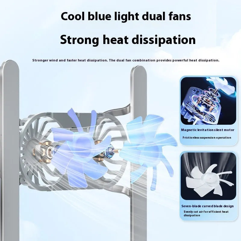 Aluminium alloy folding laptop cooling stand with twin fans and height adjustment mechanism