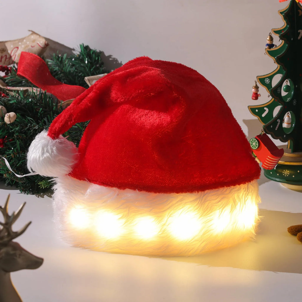Red and white LED light up Santa hat with colour changing lights and a white pom-pom.