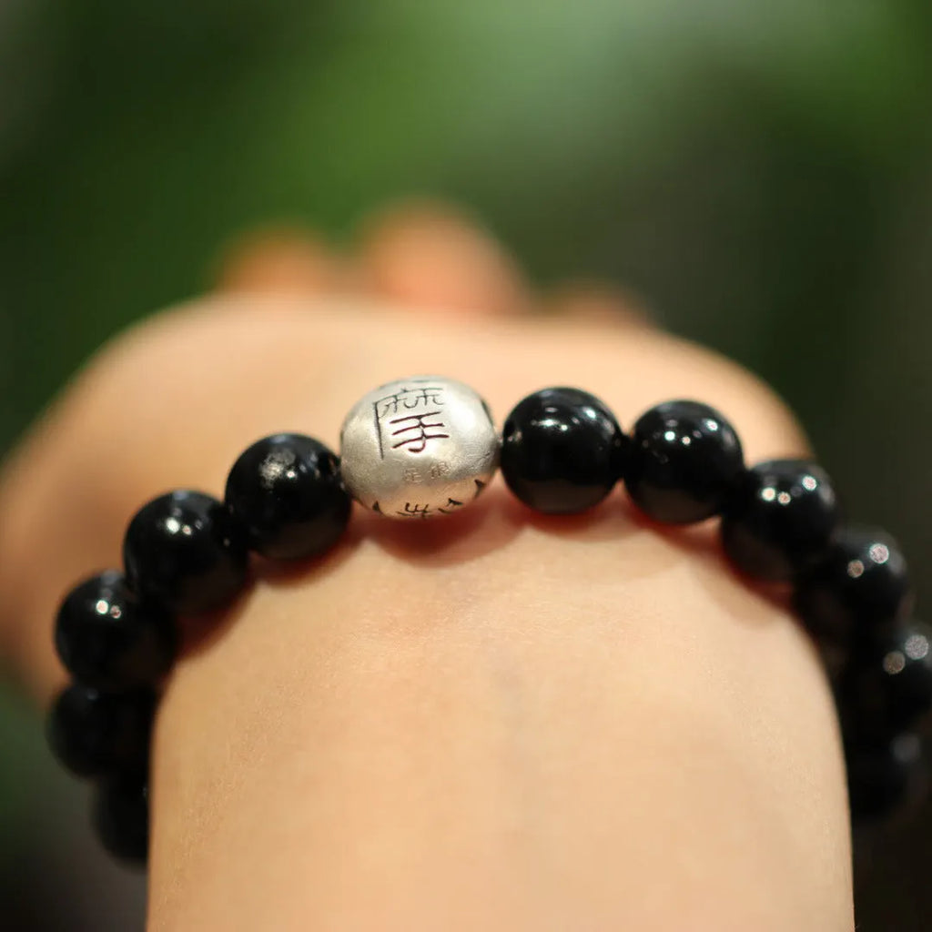 Natural black agate 10mm bead bracelet with sterling silver alloy components in Chinese style
