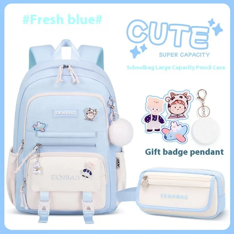 Girls' school backpack in Oxford cloth with curved shoulder straps and spine protection